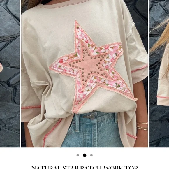 Easel Beige Star Patchwork Short Sleeve Top - Picture 1 of 7